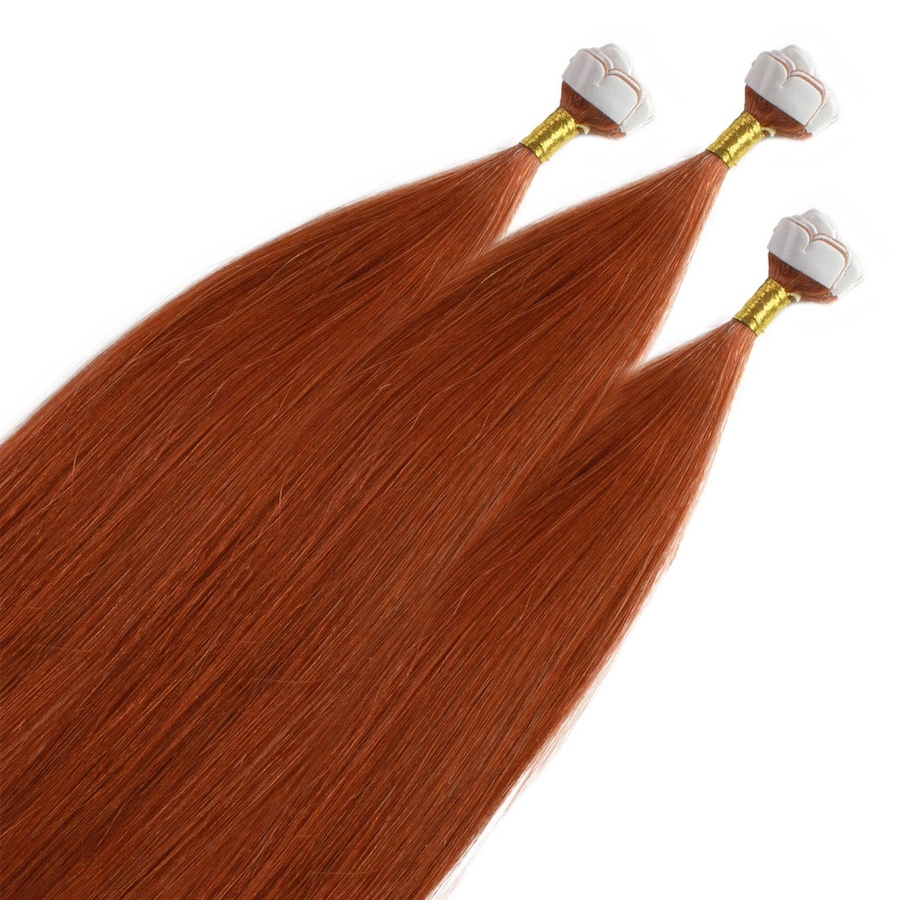 hair2heart Mini Tape Extensions Premium Echthaar #8/43 Hellblond Rot-Gold 50cm Braun Damen