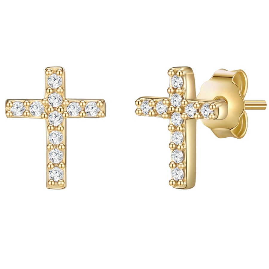 Lulu & Jane Ohrstecker Kreuz aus Messing in Gelbgold mit Zirkonia 7,7 mm Damen